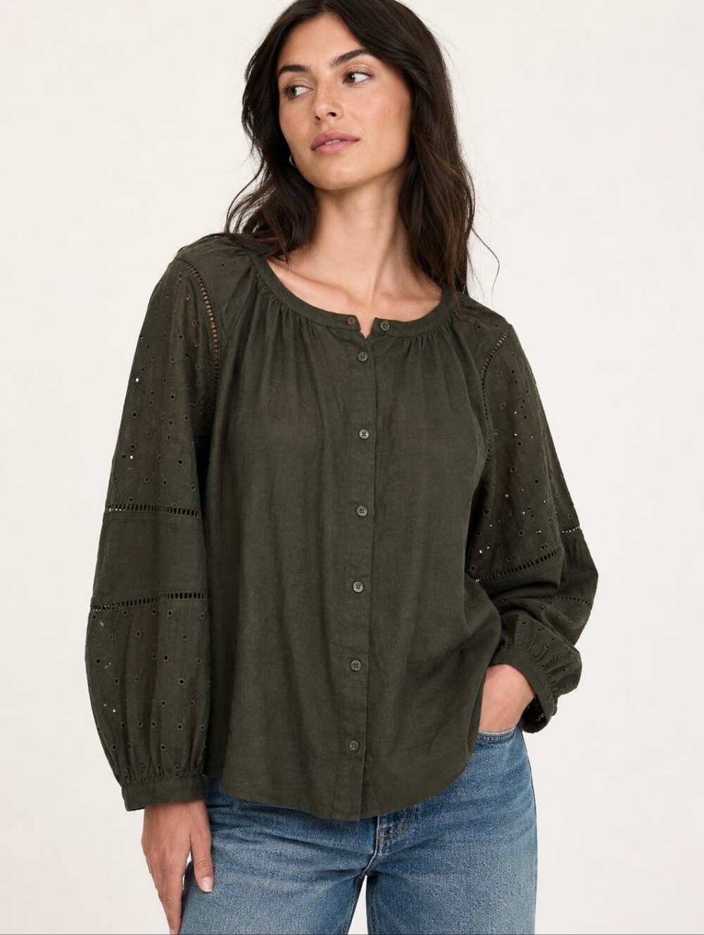 New J Crew Gorgeous Eyelet 100% Linen Top In Dark Olive XS NWOT